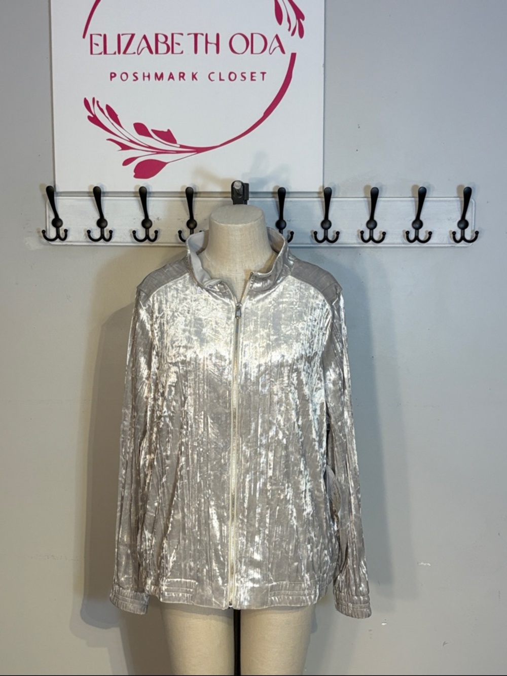 Sympli Crushed Velvet Bomber Jacket in Silver NWT size 14